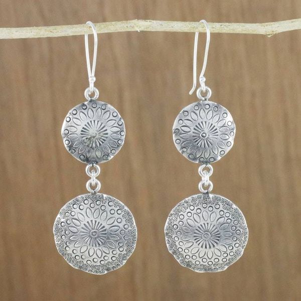 Alternate image for 950 Silver Floral Stamped Hill Tribe Dangle Earrings Floral Globes