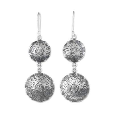 Alternate image for 950 Silver Floral Stamped Hill Tribe Dangle Earrings Floral Globes