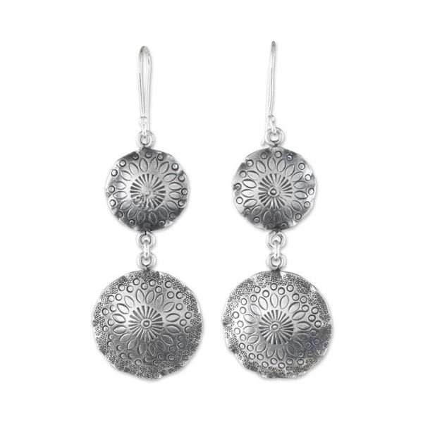 Alternate image for 950 Silver Floral Stamped Hill Tribe Dangle Earrings Floral Globes