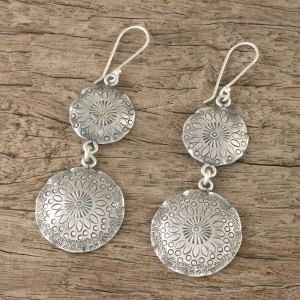 Alternate image for 950 Silver Floral Stamped Hill Tribe Dangle Earrings Floral Globes