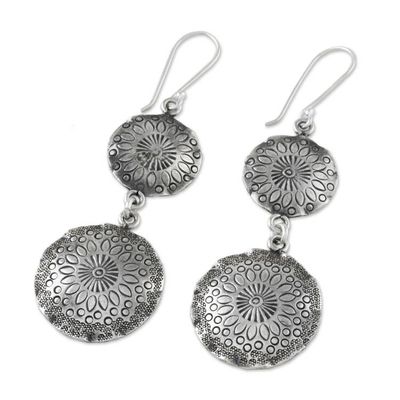Alternate image for 950 Silver Floral Stamped Hill Tribe Dangle Earrings Floral Globes
