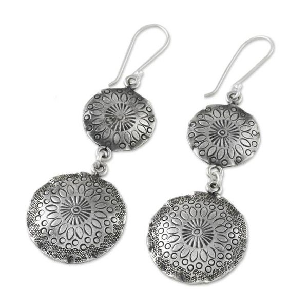 Alternate image for 950 Silver Floral Stamped Hill Tribe Dangle Earrings Floral Globes