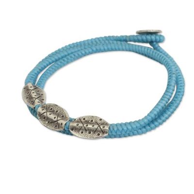 Alternate image for Light Blue Cord Wrap Bracelet with Silver 950 Pendants Chiang Mai Blue