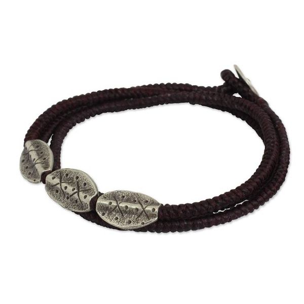 Alternate image for Fair Trade Thai Wrap Bracelet with Brown Cord and 950 Silver Chiang Mai Brown