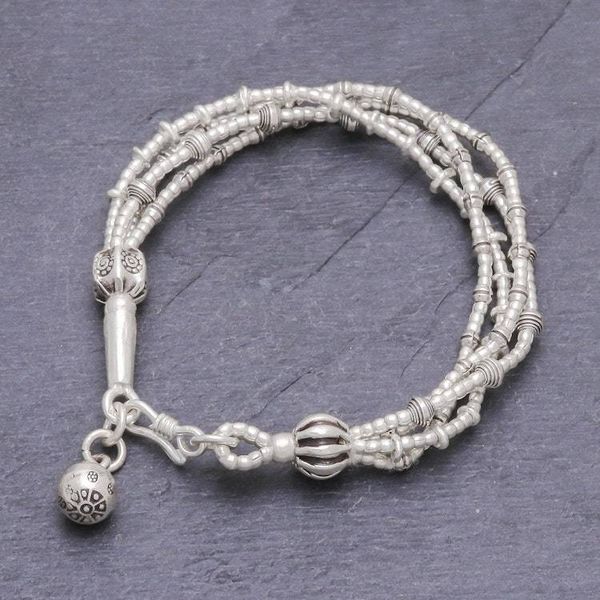 Alternate image for 950 Silver Beaded Bracelet with Stamped Charm from Thailand Lively Karen