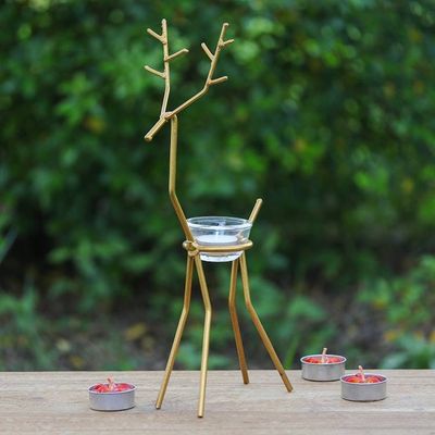 Alternate image for Handcrafted Golden-Hued Reindeer Iron Tealight Holder Winter Reindeer in Gold