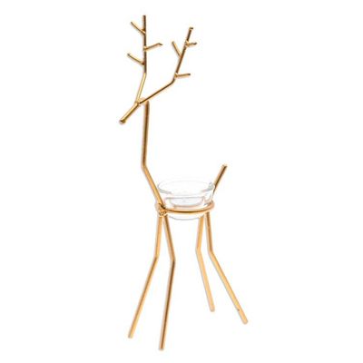 Alternate image for Handcrafted Golden-Hued Reindeer Iron Tealight Holder Winter Reindeer in Gold