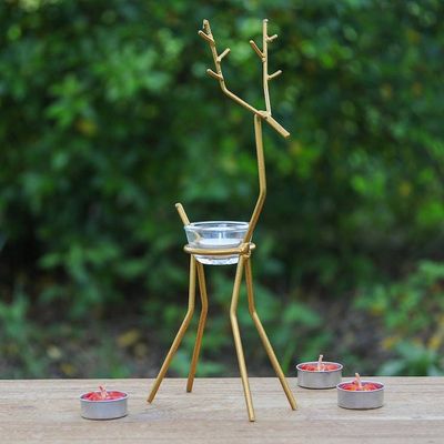 Alternate image for Handcrafted Golden-Hued Reindeer Iron Tealight Holder Winter Reindeer in Gold