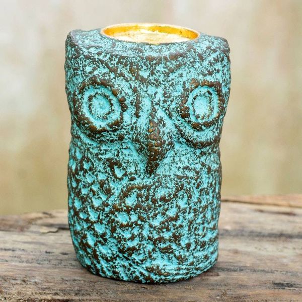 Alternate image for Thai Recycled Paper Eco-Friendly Owl Tealight Candleholder Green Thai Owl