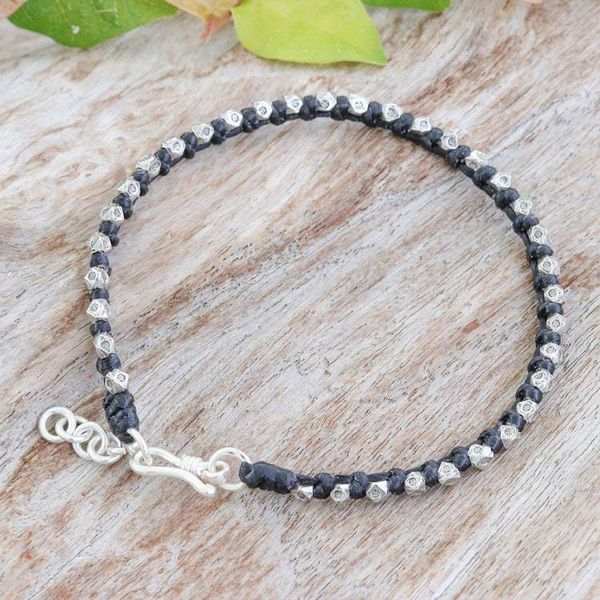 Alternate image for Black Wristband Bracelet with Thai Hill Tribe Silver Beads Exquisite Ebony