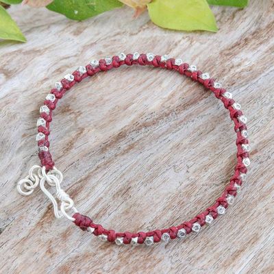 Alternate image for Hill Tribe Silver Beaded Wristband Bracelet with Red Cord Exquisite Crimson