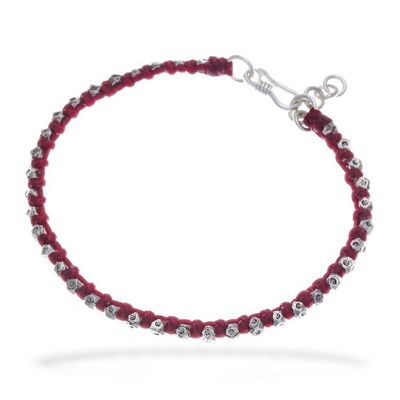 Alternate image for Hill Tribe Silver Beaded Wristband Bracelet with Red Cord Exquisite Crimson