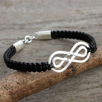 Alternate image for Black Leather Macrame Bracelet with Silver Infinity Pendant Double Infinity