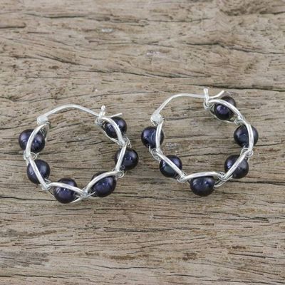 Alternate image for Sterling Silver and Pearl Hoop Earrings Shadow Twist