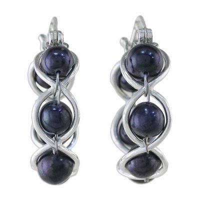 Alternate image for Sterling Silver and Pearl Hoop Earrings Shadow Twist