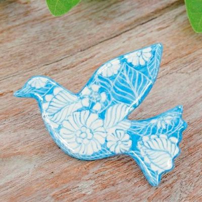 Alternate image for Floral-Patterned Ceramic Dove Brooch Pin in Blue and White Eden Dove
