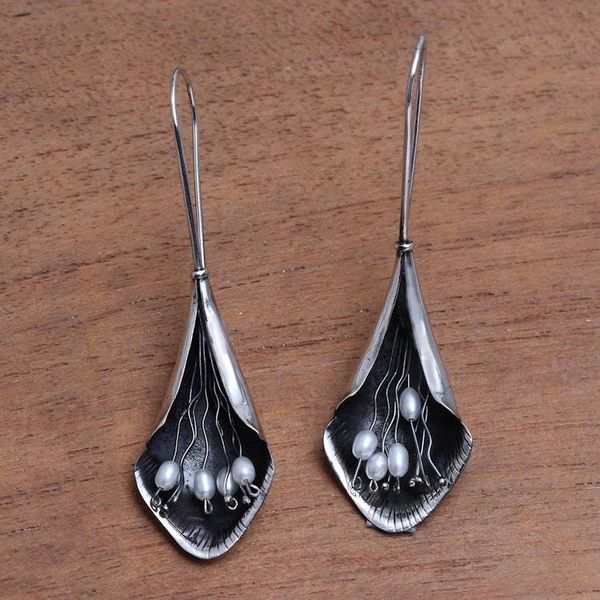 Alternate image for Modern Floral Cultured Pearl Drop Earrings from Bali Dark Blooms