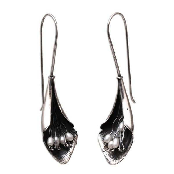 Alternate image for Modern Floral Cultured Pearl Drop Earrings from Bali Dark Blooms