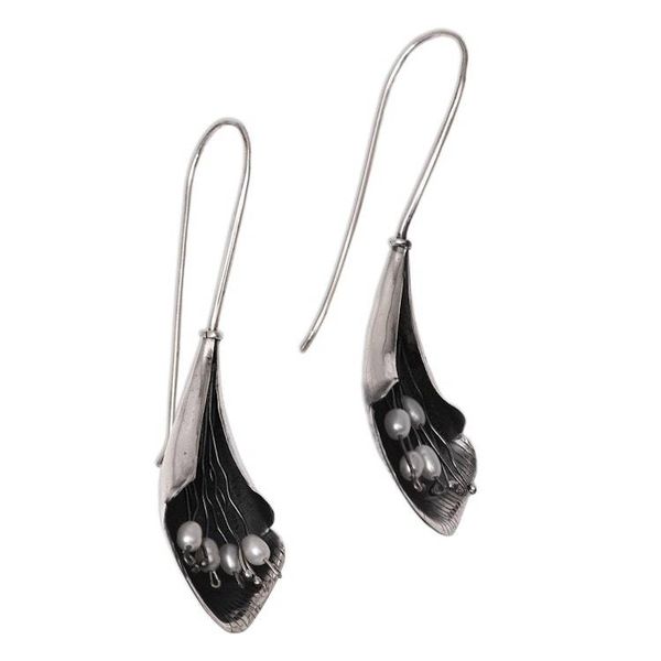 Alternate image for Modern Floral Cultured Pearl Drop Earrings from Bali Dark Blooms