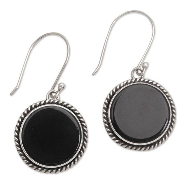 Alternate image for Onyx and Sterling Silver Circular Dangle Earrings form Bali Midnight Circles