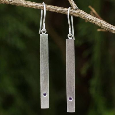 Alternate image for Artisan Crafted Brushed Silver and Amethyst Dangle Earrings Simple Wisdom