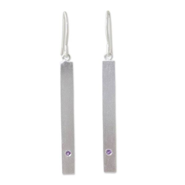Alternate image for Artisan Crafted Brushed Silver and Amethyst Dangle Earrings Simple Wisdom