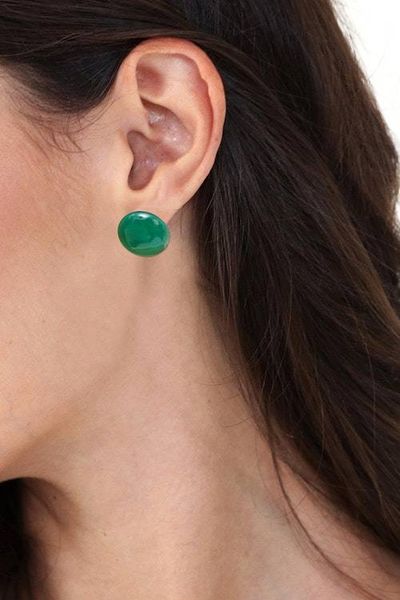 Alternate image for Green Onyx Cabochon Button Earrings Handmade in Thailand Prosperous Sphere