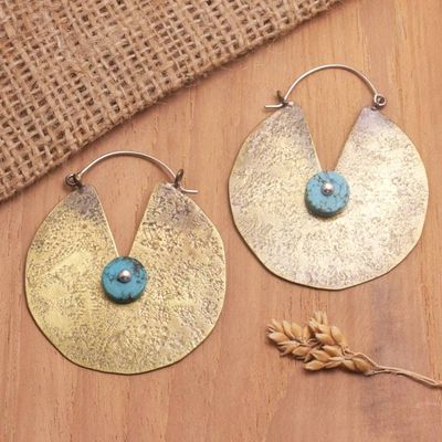 Primary image for Textured Brass Hoop Earrings with Recon Turquoise Stones Sanur Paradise