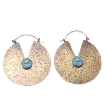 Alternate image for Textured Brass Hoop Earrings with Recon Turquoise Stones Sanur Paradise