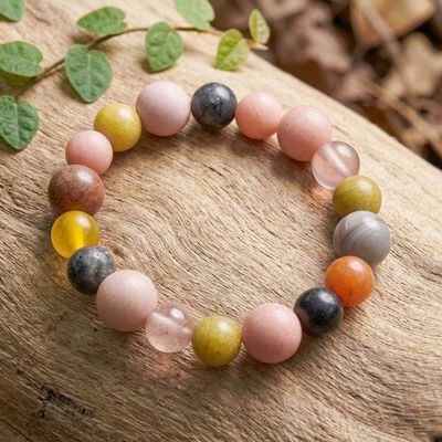 Alternate image for Quartz Labradorite Moonstone Agate Beaded Stretch Bracelet Pinkish Harmony