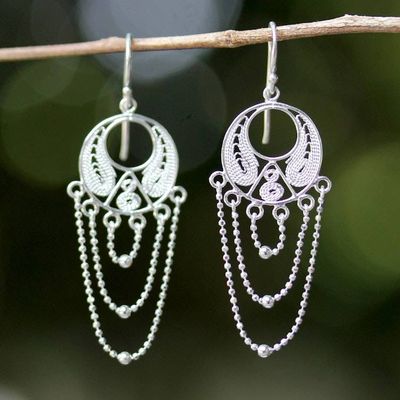 Alternate image for Thai Sterling Silver Circular Filigree Chandelier Earrings Blessed Links