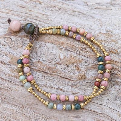 Alternate image for Handmade Agate and Brass Beaded Bracelet Carnival in Pink