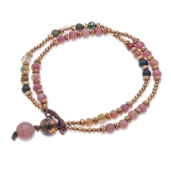 Alternate image for Handmade Agate and Brass Beaded Bracelet Carnival in Pink