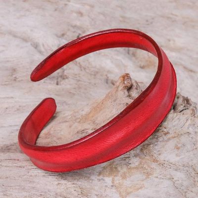 Alternate image for Handmade Leather Wristband Bracelet in Crimson from Thailand Wavy Embrace in Crimson