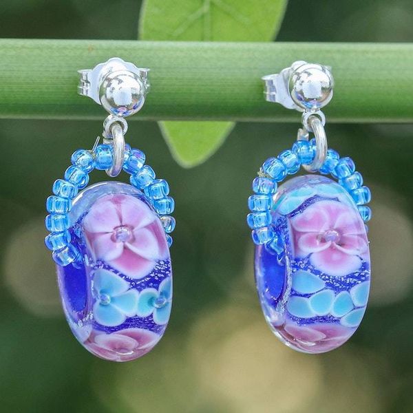 Alternate image for Spring-Themed Purple and Blue Blown Glass Dangle Earrings Floral Spell