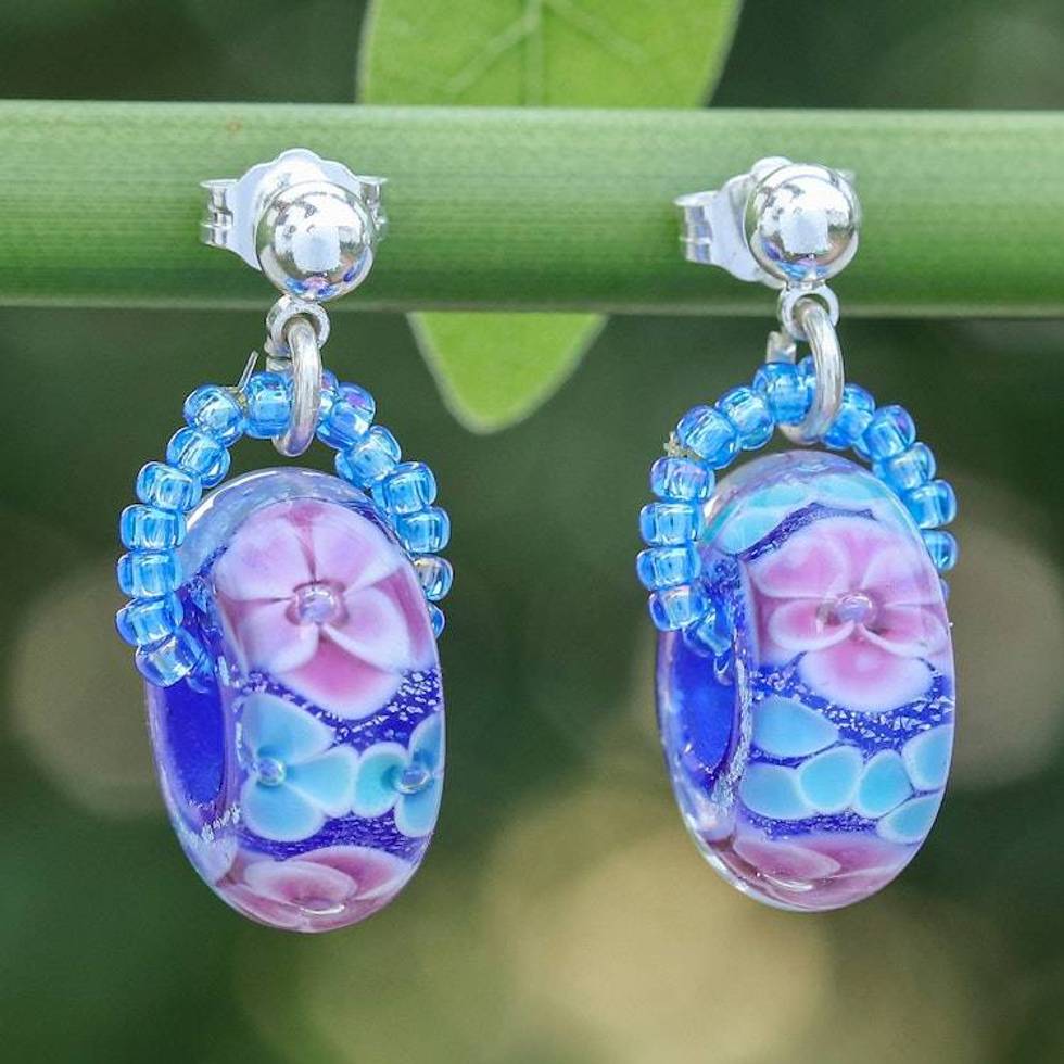 Spring-Themed Purple and Blue Blown Glass Dangle Earrings 'Floral Spell'