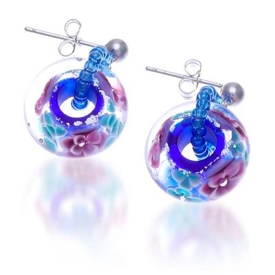 Alternate image for Spring-Themed Purple and Blue Blown Glass Dangle Earrings Floral Spell