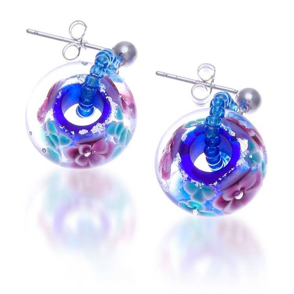 Alternate image for Spring-Themed Purple and Blue Blown Glass Dangle Earrings Floral Spell