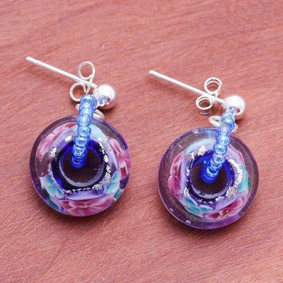 Alternate image for Spring-Themed Purple and Blue Blown Glass Dangle Earrings Floral Spell