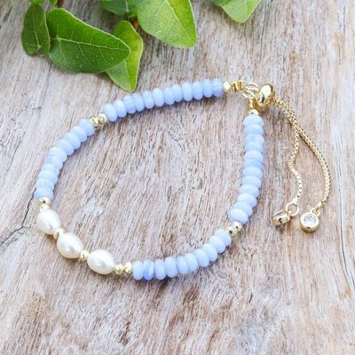 Alternate image for Thai Multi-Gemstone Cream Pearl Beaded Bracelet in Blue Hues Triple Sky