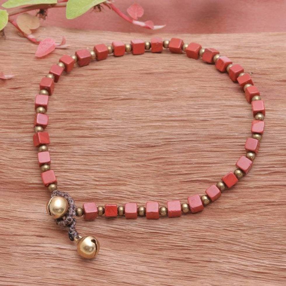 Jasper and Brass Beaded Anklet from Thailand 'Brilliant Day'