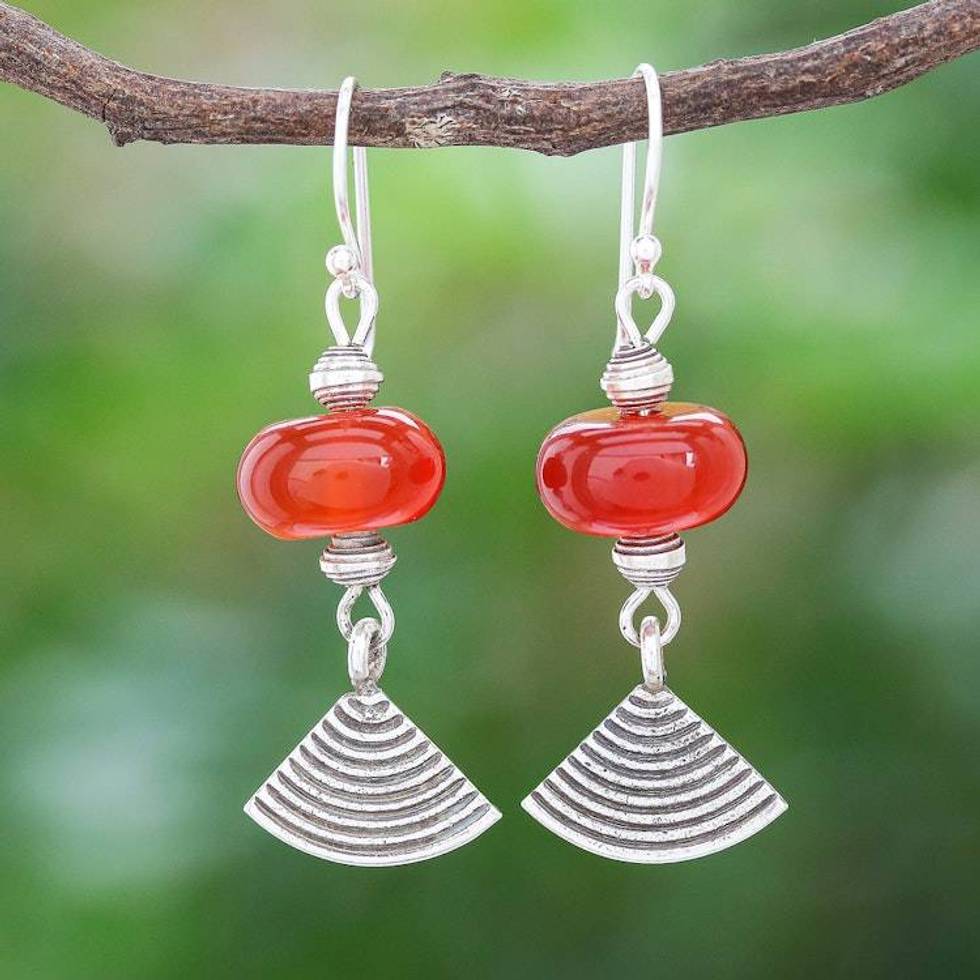 Thai Carnelian and Karen Silver Dangle Earrings 'Fruit Tree in Orange'