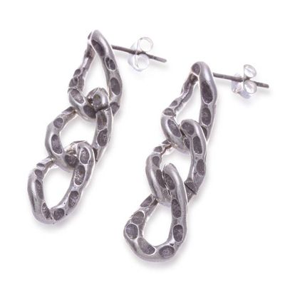 Alternate image for Link-Themed Textured Oxidized Sterling Silver Drop Earrings Chic Links