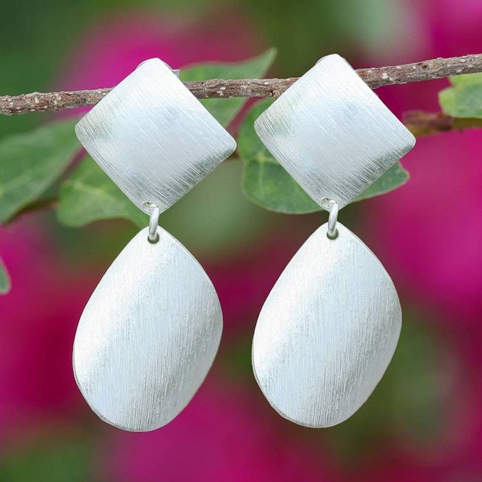 Brushed-Satin Finished Textured Silver Dangle Earrings 'Contemporary Chic'
