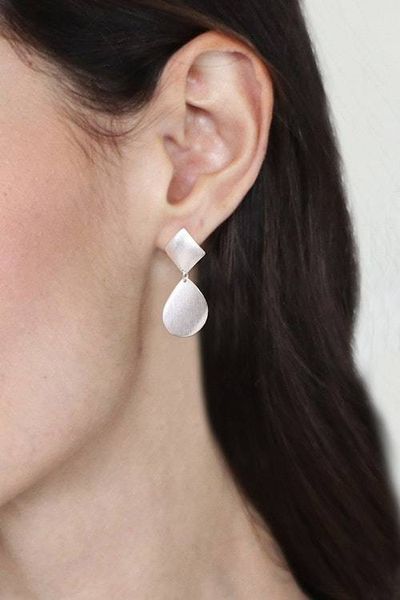 Alternate image for Brushed-Satin Finished Textured Silver Dangle Earrings Contemporary Chic