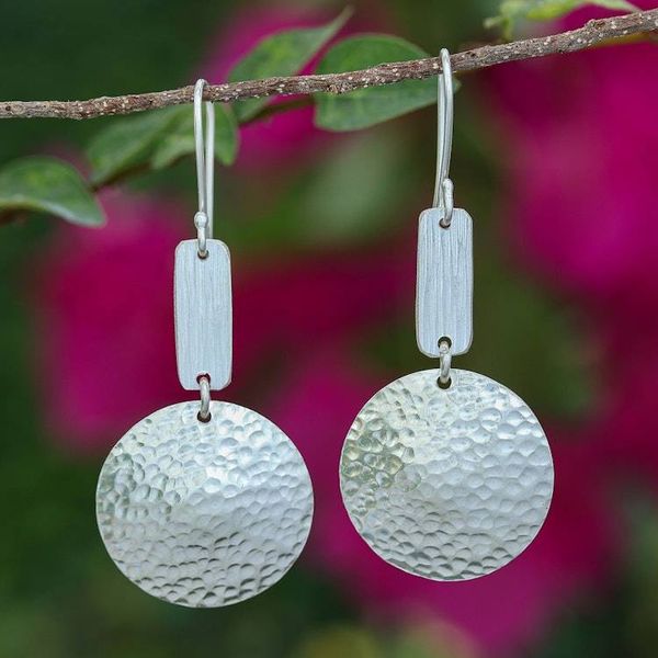 Alternate image for Round Sterling Silver Dangle Earrings with Textured Surfaces Circular Charm