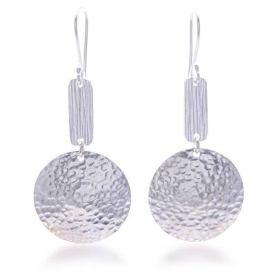 Alternate image for Round Sterling Silver Dangle Earrings with Textured Surfaces Circular Charm
