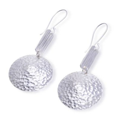 Alternate image for Round Sterling Silver Dangle Earrings with Textured Surfaces Circular Charm