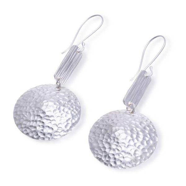 Alternate image for Round Sterling Silver Dangle Earrings with Textured Surfaces Circular Charm