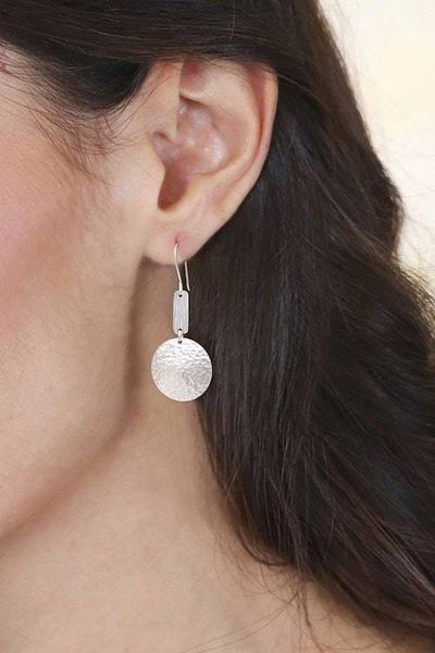 Alternate image for Round Sterling Silver Dangle Earrings with Textured Surfaces Circular Charm